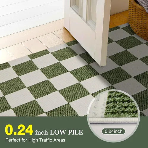 Vista 4 de Alfombra Lavable 5x7 de Cuadros, Alfombra de Área Verde y Blanca, Alfombras Grandes Boho para Sala de Estar, Alfombra de Bajo Pilo Ligera para Verde