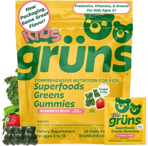 Vista 10 de Gruns Multivitamínico para niños, gomitas Super Greens, más de 20 vitaminas y minerales, espirulina, clorella, alfalfa, fibra prebiótica