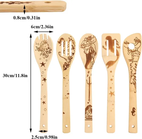 Vista 2 de Cucharas de bambú orgánico The Little Mermaid para cocinar patrón de cartton personalizado cocina utensilios quemados espátula artículos