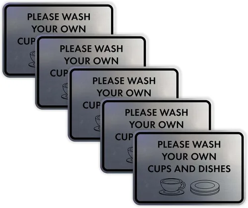 Vista 40 de Letrero clásico enmarcado con texto en inglés «Please Wash Your Own Cups and Dishes» (negro)