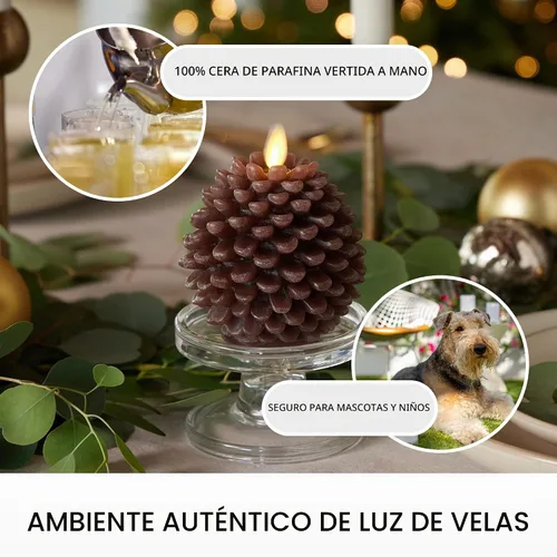Vista 4 de Luminara Pinecone - Velas sin llama, con acabado marrón tiza, figuras de piña, velas LED de cera real sin perfume, funcionan