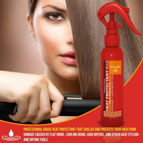 Vista 3 de Protector de calor plus con aceite de argán, protector térmico de grado profesional, acondicionador sin enjuague, antifrizz y spray para brillo