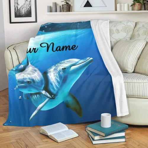 Vista 3 de Manta personalizada con nombre y texto, manta de forro polar súper suave personalizada de delfines para sofá, cama (50 x 60 pulgadas)