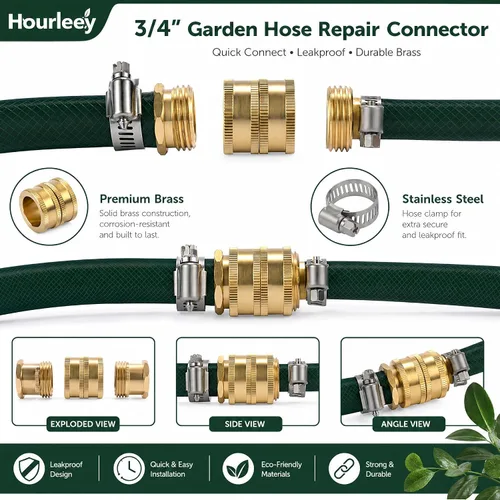 Vista 2 de Hourleey Adaptador de manguera de jardín, conectores de manguera de latón macizo de 3/4 pulgadas, paquete de 2 conectores de manguera con 2