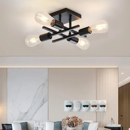 Vista 5 de Lámpara industrial de techo semiempotrada de 4 luces, lámpara de araña negra de granja, moderna lámpara de techo Sputnik con base E26 para cocina