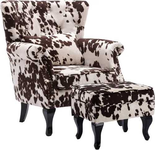 Vista 24 de chairus Silla de Acento Moderna de Mediados de Siglo con Otomana, Cómoda Silla Individual de Sofá de Lino con Botones Capitoné Sillón Orejero