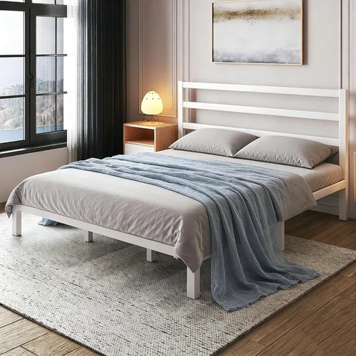 Vista 9 de LoVinson Marco de cama de metal tamaño King con cabecero, listones de metal, color blanco