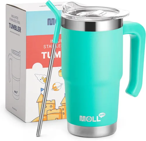 Vista 16 de Vaso de 16 onzas con asa, reutilizable, de acero inoxidable, aislado al vacío, con tapa y pajilla, para mujeres y niñas (verde manzana)