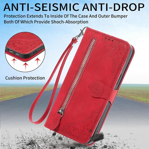 Vista 7 de Funda de teléfono tipo cartera para Redmi Note 12s, diseño de cremallera de hojas de alta capacidad con múltiples tarjetas, simple y versátil