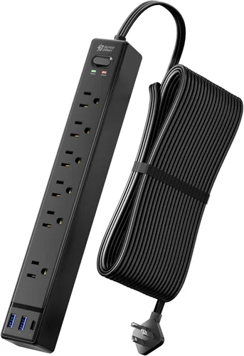 Vista 15 de SUPERDANNY - Protector de sobretensión con enchufe plano, tira de alimentación, cable de extensión ultra delgado de 6 pies con 3 USB