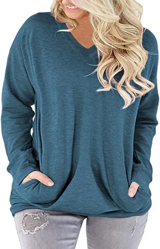 Vista 2 de ROSRISS Plus-Size-Tops for Women Long Sleeve V Neck Shirts Oversized Pockets Tunics