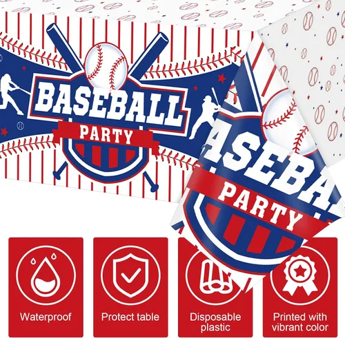 Vista 3 de Newwiee 3 manteles de béisbol de plástico para fiesta de béisbol, mantel deportivo para fiesta de cumpleaños, día del juego, decoración