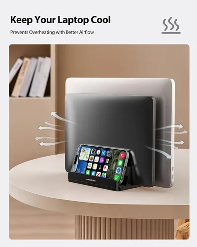 Vista 7 de Soporte vertical para portátil AboveTEK, soporte de escritorio de aluminio con 3 ranuras y base ajustable para tableta, MacBook, teléfono - Ajuste