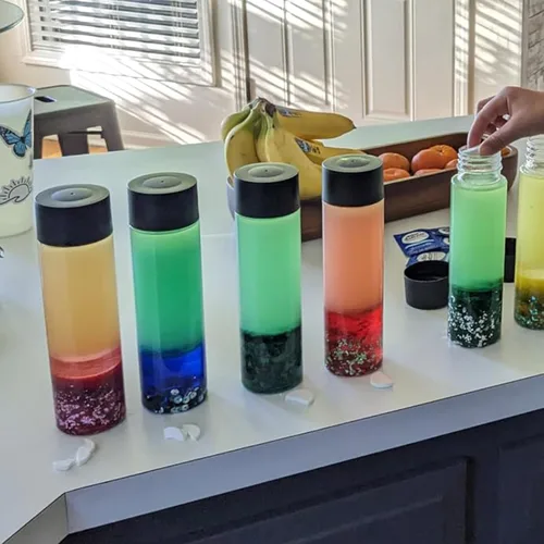 Vista 6 de 18 botellas sensoriales vacías a granel de 14 onzas, botellas de jugo de plástico con tapas, recipientes transparentes reutilizables para bebidas