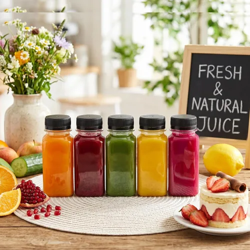 Vista 6 de TOMNK 12 botellas de plástico de 2 onzas con tapas, recipientes reutilizables transparentes a granel para bebidas de jengibre shot, jugo, leche