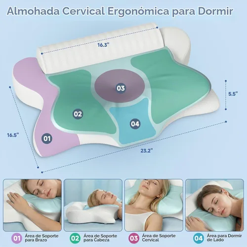 Vista 3 de Almohada cervical para el cuello para aliviar el dolor y dormir, almohada ergonómica de postura para el cuello, almohada de espuma viscoelástica Azul