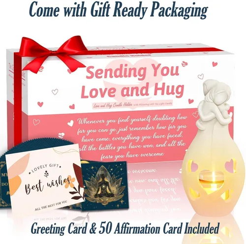 Vista 9 de Regalos de cumpleaños para hermanas, estatua de abrazo blanco, portavelas de abrazo con 50 tarjetas de afirmación diarias, regalo motivacional