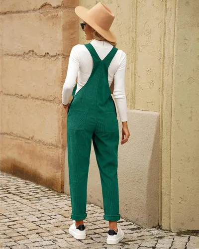 Vista 2 de LookBookstore Overol de pana para mujer con tirantes ajustables, enterito de moda con bolsillos para mujer Verde alpino