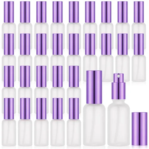 Vista 28 de Roshtia 30 botellas vacías decorativas transparentes de 0.33 onzas fluidas de color madera de haya con atomizador de perfume recargable, con bomba