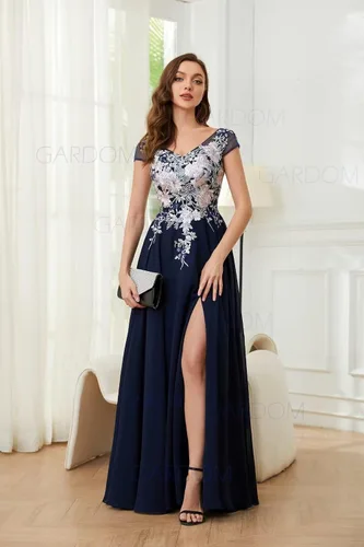 Vista 2 de Bordado cuello en V vestidos de madre de la novia para boda 2025 encaje gasa maxi formal madre novio vestido con aberturas
