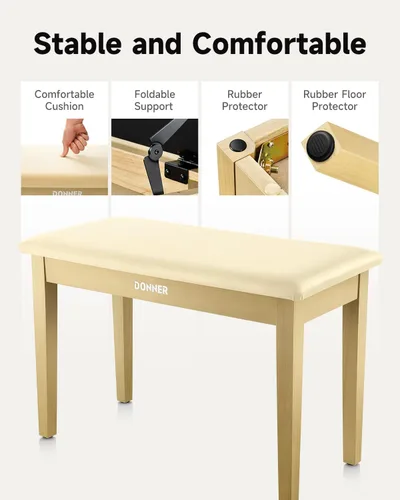 Vista 3 de Donner Banco de piano dúo con almacenamiento, banco de teclado de madera maciza, taburete, silla, asiento con libro de piano, acolchado con esponjas