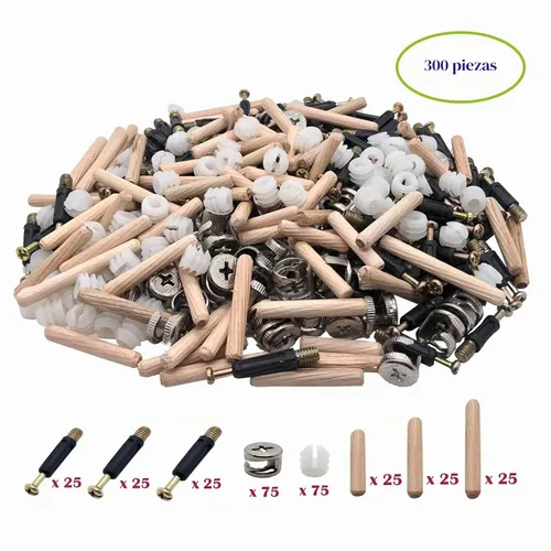Vista 2 de 300 piezas 3 en 1 de accesorios de conexión de muebles, kit de cierre de leva, montaje de leva y pasadores de madera y cerraduras de leva de tuerca