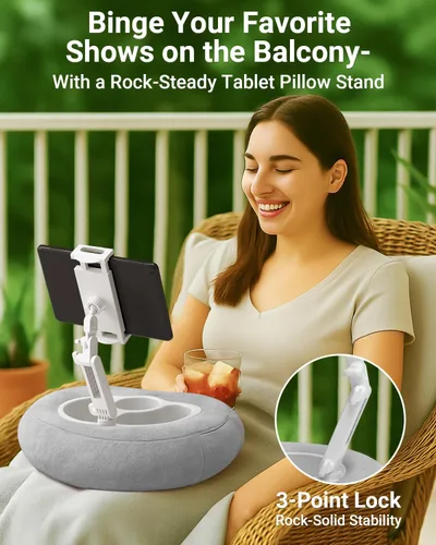 Vista 5 de Soporte de almohada Kindle para cama, soporte ajustable para tableta y teléfono para iPad, Kindle, sofá, soporte para aperitivos y bebidas, 50