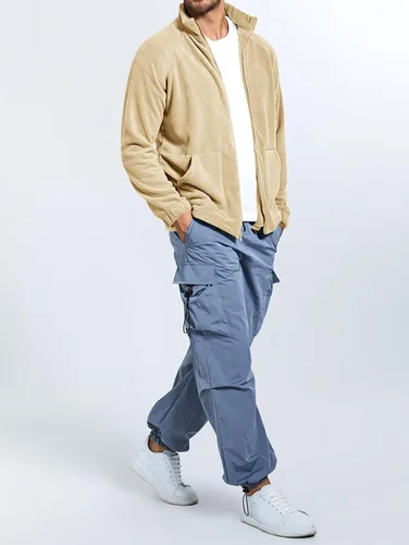 Vista 4 de Runcati Chaqueta de forro polar Sherpa para hombre, cremallera completa, cuello alto, casual, otoño, invierno, abrigo cálido para exteriores
