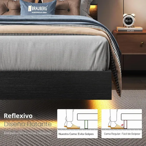 Vista 5 de Feonase Base de cama flotante individual con luces LED y estación de carga, marco de cama de madera tamaño individual con cabecera