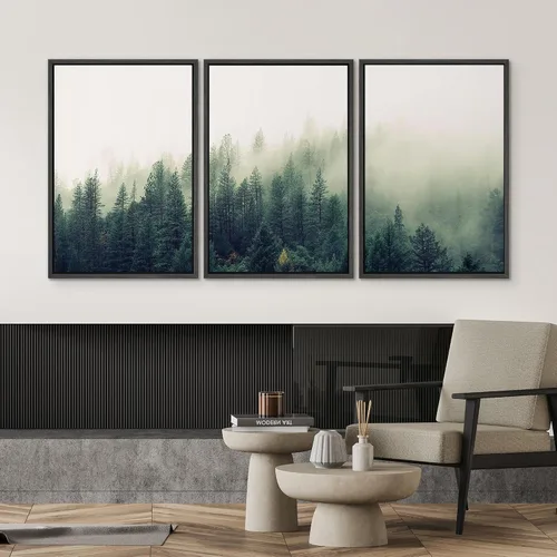Vista 285 de SIGNWIN Lienzo enmarcado para pared, juego de arte pastel con cadena montañosa, bosque, niebla, naturaleza silvestre, ilustraciones modernas, arte