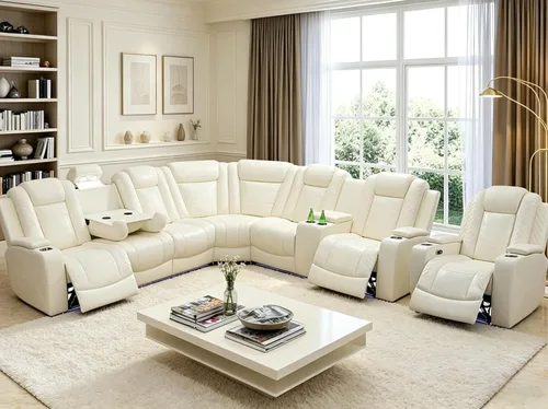 Vista 53 de Juego de sofá seccional reclinable de cuero, sofá seccional con 4 sillones reclinables Juegos de muebles de sala con 3 reclinables, luz LED