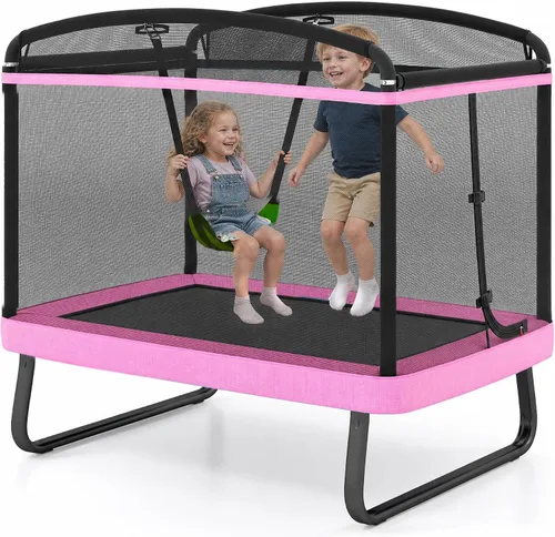 Vista 11 de GYMAX Trampolín para niños de 6 pies con columpio, cama elástica rectangular recreativa aprobada por ASTM con red de seguridad, para interiores