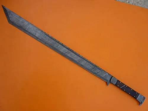 Vista 2 de Espada. ¡Rara! Espada de machete de acero de Damasco forjada a mano. ¡Espada de caza gladiosa! Espada de caza con funda de cuero. Espada