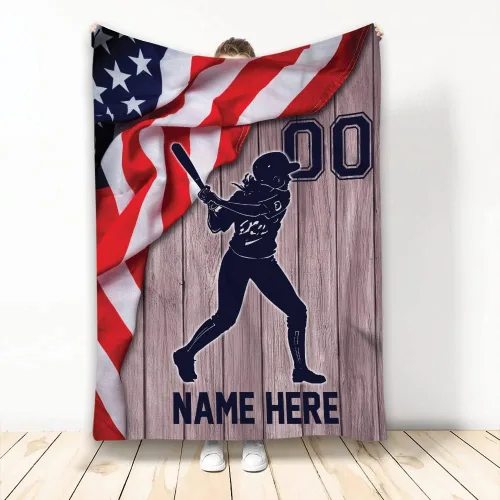 Vista 15 de Manta de sóftbol personalizada, manta de bandera de EE. UU., manta de forro polar Sherpa suave y acogedora, manta de sóftbol para mamá, hija, niño