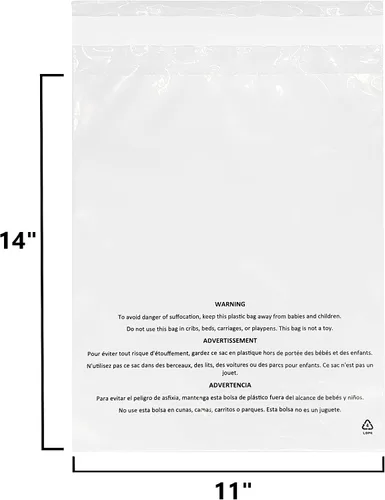 Vista 2 de Bolsas de polietileno transparente autosellantes de 11 x 14 pulgadas (500 unidades) con advertencia de asfixia, adhesivo permanente, cumple