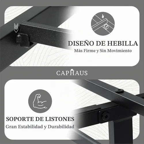 Vista 5 de CAPHAUS Base de cama de metal con cabecera y estribo de madera modernos, base de colchón, plataforma de metal con marco de acero de primera calidad