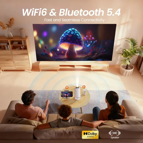 Vista 5 de Mini Proyector con WiFi y Bluetooth, Soporte 4k, Proyector Portátil para Exteriores, Proyector Inteligente con Android, Aplicación Integrada, Negro
