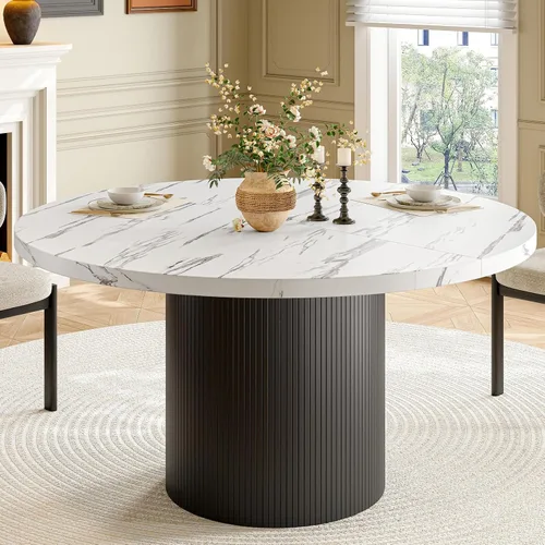 Vista 10 de ONBRILL Mesa de comedor redonda de 47 pulgadas para 4-6, color negro Mesa de cocina circular con base acanalada, mesas modernas de granja