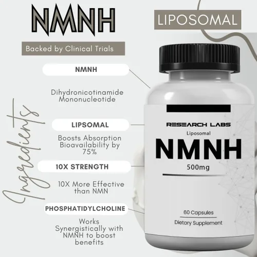 Vista 2 de Research Labs NMNH liposomal (alternativa al suplemento NMNN) 500 mg por porción 60 cápsulas (mononucleótido de dihidronicinamida) Suplemento NAD