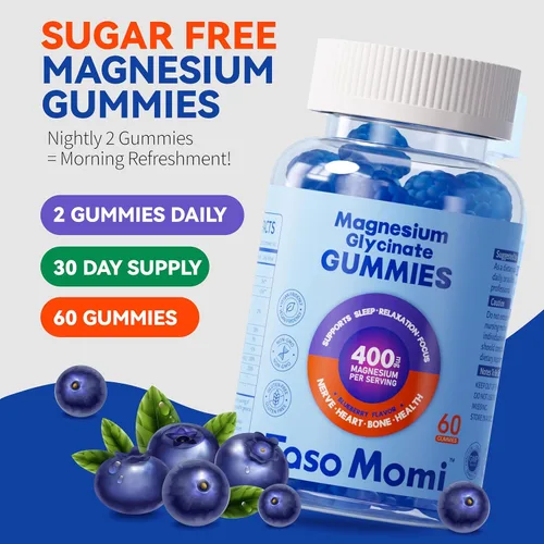 Vista 4 de Gomitas de glicinato de magnesio 400 mg sin azúcar, veganas, masticables para adultos y niños, alta absorción para apoyar el sueño, los músculos