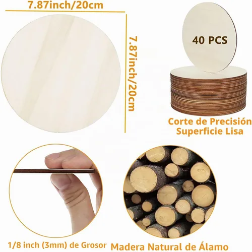 Vista 2 de 40 círculos de madera de 8 pulgadas para manualidades de 1/8 pulgadas de grosor, círculos de madera redondos sin terminar de 0.118 in, discos