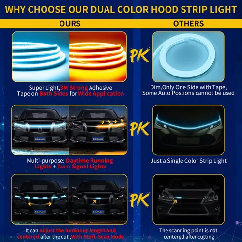 Vista 3 de Tira de luz LED para el exterior del capó del coche, kit de haz de arranque de escaneo dinámico de doble color, luces LED de circulación diurna