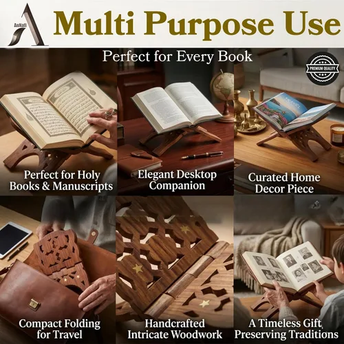 Vista 6 de AnNafi® Soporte de madera para libros Rehel/Rehal para la Biblia del Corán Geeta Soportes de libros indios para leer manos libres