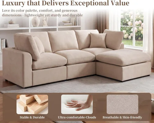 Vista 4 de Sofás modulares de nube seccionales para sala de estar, sofá modular grande con otomana, sofá de 3 plazas en forma de L con almohada, color beige