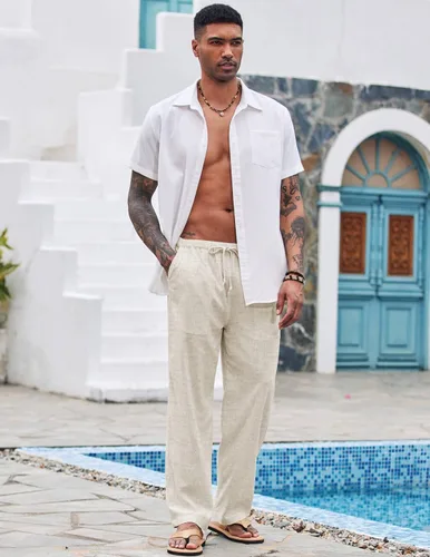 Vista 2 de COOFANDY Pantalones deportivos de lino, holgados, para hombre, ligeros, cintura elástica, para yoga y playa