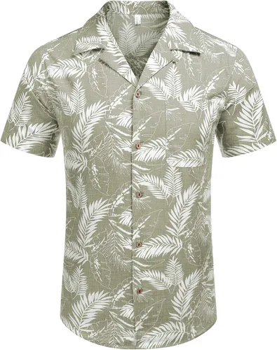 Vista 2 de COOFANDY - Camisas hawaianas de algodón y lino florales tropicales con botones para hombre