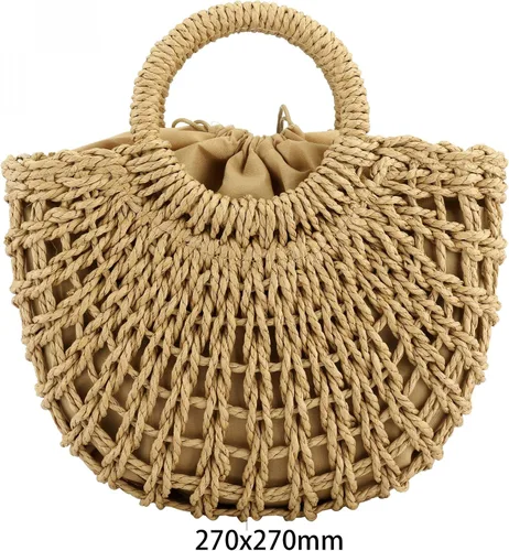 Vista 4 de Bolso de mano de paja tejida con asa superior de verano estilo retro de ratán con correa de hombro extraíble