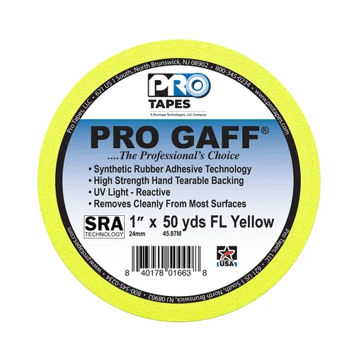 Vista 2 de Cinta de Gaffer de Tela Mate Premium Pro Gaff de ProTapes de 1" de Ancho con Adhesivo de Goma, 50 Yardas de Largo, Amarillo Fluorescente