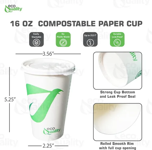 Vista 3 de EcoQuality Vasos de papel compostables de 16 onzas con tapas planas blancas – Tazas de café de papel blanco biodegradables desechables con forro