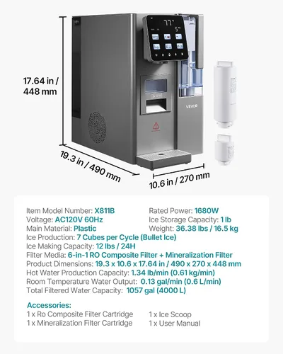 Vista 7 de VEVOR Dispensador de filtro de agua para máquina de hielo, máquina de hacer hielo de encimera 4 en 1 con temperatura ambiente, agua fría y caliente